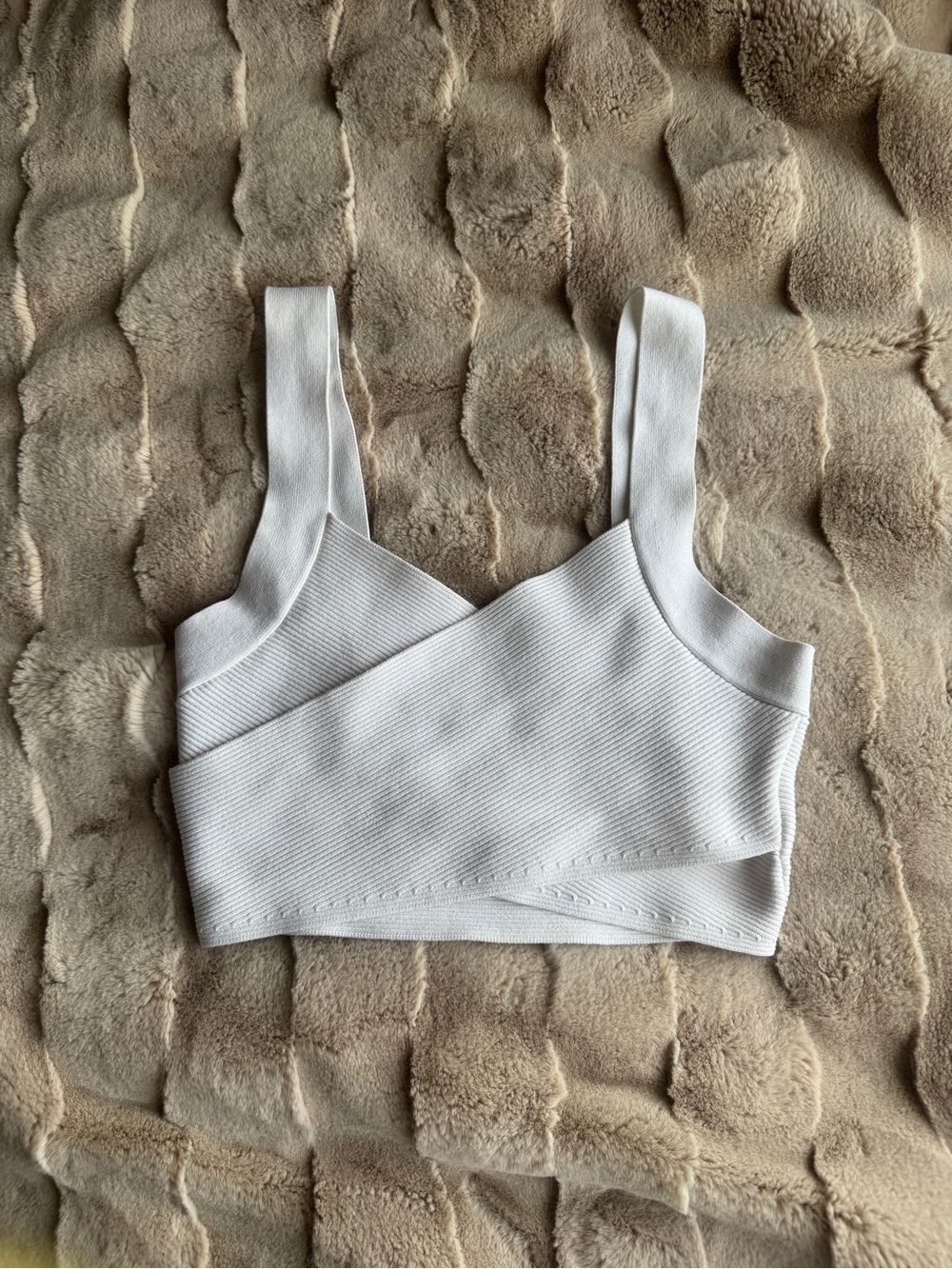 Aritzia Babaton White Ribbed Cross-Front Crop Top